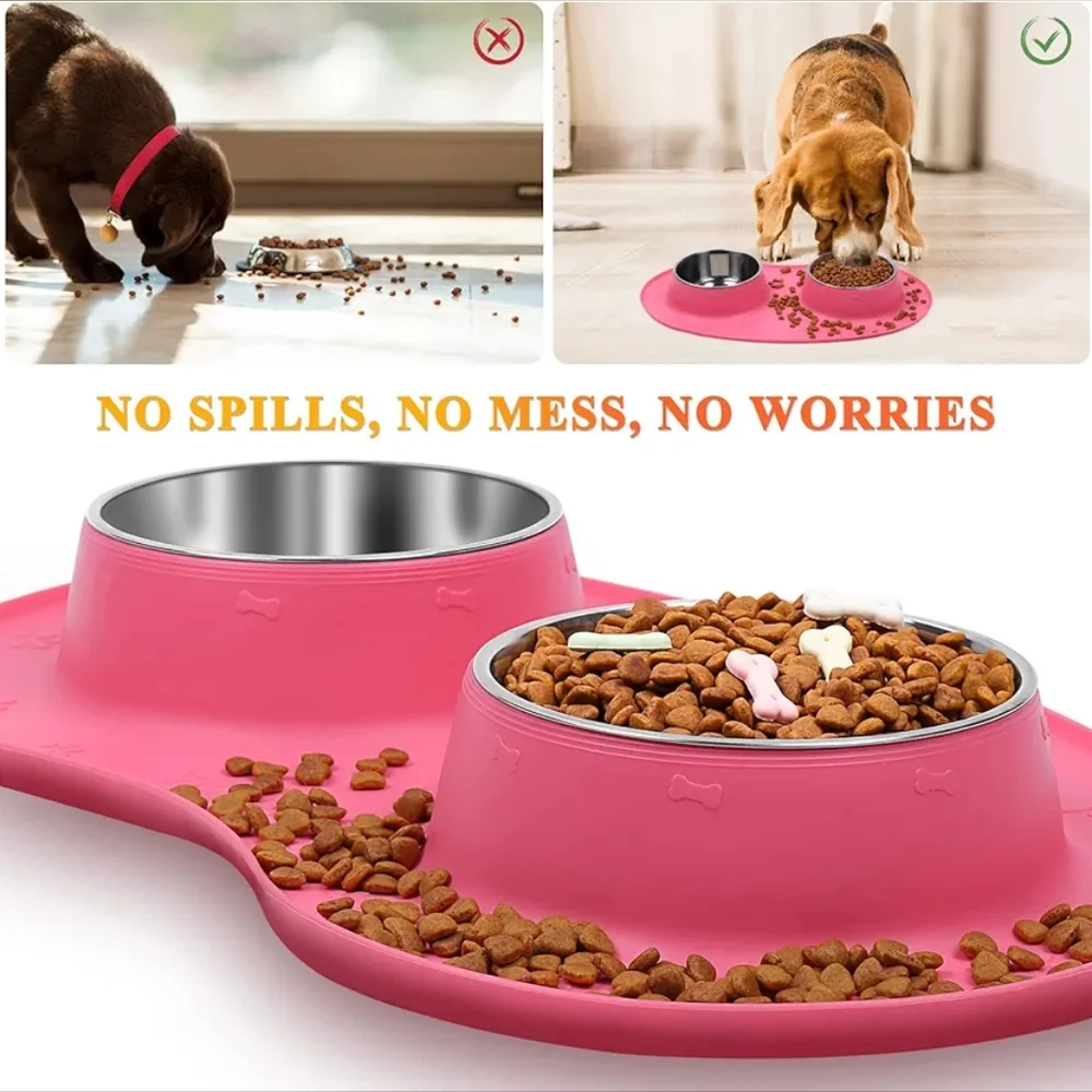 VAGLORY Pink No Mess Silicone Bone Mat & Stainless Steel Dog Food Bowls